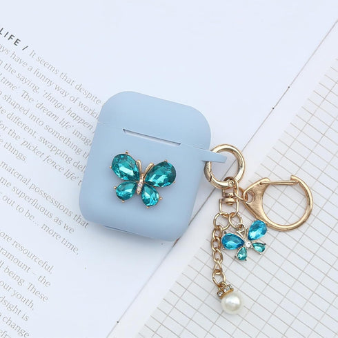 Wonhibo Cute Butterfly Case for AirPods - Cover for Airpod 1 & 2 with Keychain (Blue)