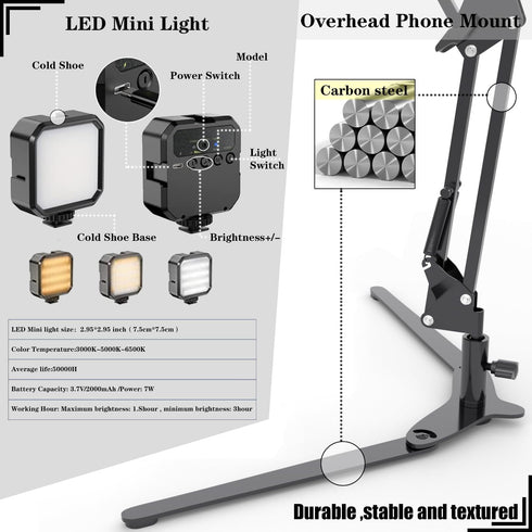 MLSAC Overhead Phone Mount with LED Light, Phone Stand for Recording, Adjustable Tabletop Stand for Live Streaming
