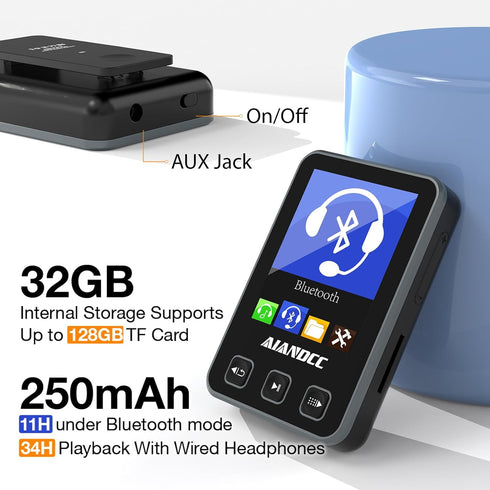 Aiandcc Mp3 5.3, 1.77-inch 32GB mp3 Player with Bluetooth HiFi Music Player with Sports Clip and Armband, TFT Color