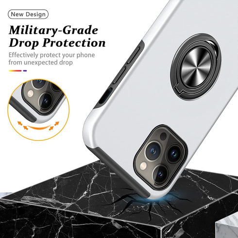 PELEPUES Shockproof Case for iPhone 13 Pro 6.1'', Military Grade Cover with Embedded Finger Ring & Metal Stand (Silver)