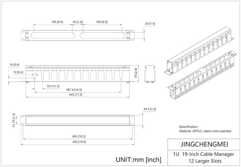 JINGCHENGMEI 2 Pack 1U 12 19-inch of All Metal Cable Management Horizontal Rack Mount Cable Manager with Big Finger