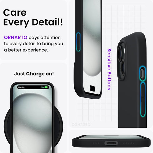 ORNARTO iPhone 15 Case 6.1" - Slim Liquid Silicone, 3 Layers, Soft Gel Rubber, Anti-Scratch, Shockproof, Black.