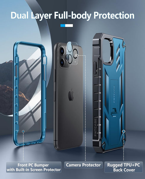 FNTCASE iPhone 11 Pro Max Case: Heavy Duty Blue Shockproof Dual Layer with Kickstand - Military Grade Protection.