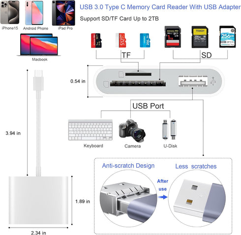 USB C SD Card Reader, USB 3.0 High Speed to SD/Micro SD Card Adapter Memory Card Reader with SD MicroSD USB 3 Port for iPhone 15 Pro Max iPad Pro MacBook Pro/Air iMac Android Phone Tablet by SZHAIYIJIN