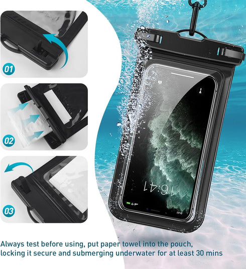 Universal Waterproof Phone Case with Inside Card Pack, Beach Bag for iPhone 15 14 13 Pro Max up to 8.3 , 2 Pack-Black &