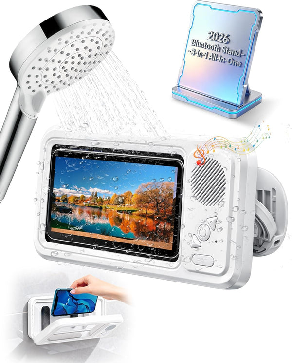 NLCCLTQ Shower Phone Holder Waterproof for iPhone Bathroom Fan with Speaker Bluetooth Water