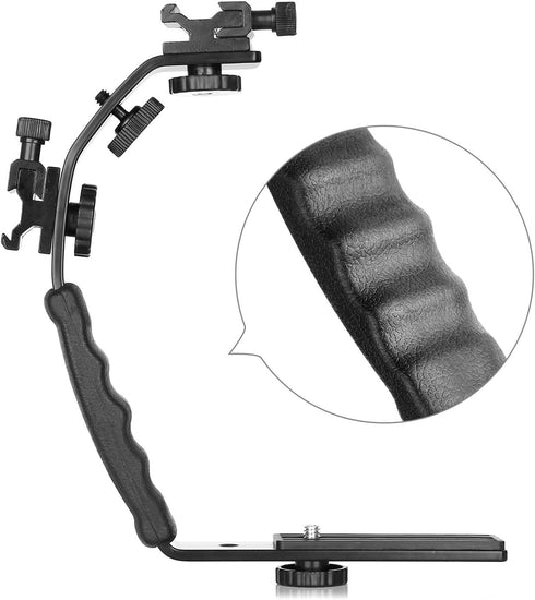 ChromLives L Bracket Mount Video Grip with Dual Flash Cold Shoe, 1/4'' Tripod Screw, Heavy Duty Padded Grip