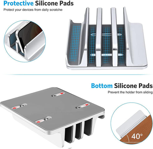 Vertical Laptop Stand Holder, 3 Slot Adjustable Dock Size, Space-Saving Desktop Holder for Computer, Tablet, Phone