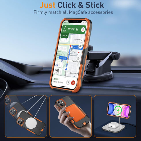 iPhone 11 Magnetic Case with Tempered Glass Screen Protector & Camera Lens Protector - MagSafe Compatible (Black/Orange)