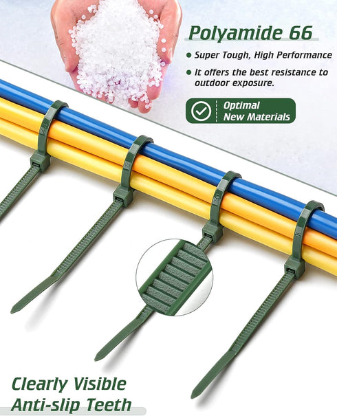 8 Inch PA66 100 3.6mm 45 Lbs, Green Zip Ties, Pcs Heavy Duty Plastic Wire Ties with Premium Self-locking Nylon Cable