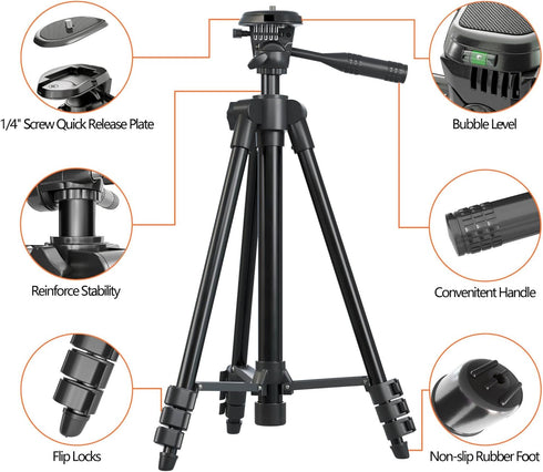 Camera Mount Phone Tripod Stand: 51-Inch Lightweight Travel Tripod for iPhone with Remote, Phone Holder & GoPro