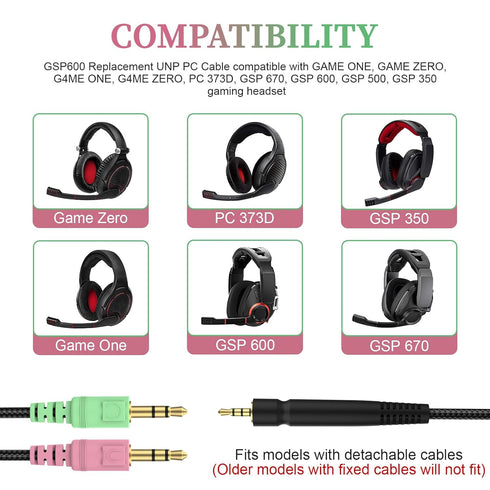 GSP 600 Replacement Cable Compatible with Sennheiser GAME ONE, GAME ZERO, PC 373D, GSP 670, GSP 600, GSP 500, GSP 350 Gaming Headset, 6.6ft