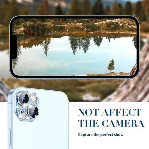 Goton Camera Lens Protector for iPhone 15 Plus, Bling Tempered Glass with Glitter Diamond Metal Cover, Blue