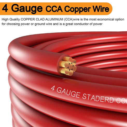 4 Gauge Wire (25ft Each - Black/Red) Copper Clad Aluminum CCA, 100A ANL Fuse Holder, 10pcs Lugs Terminal Connectors and