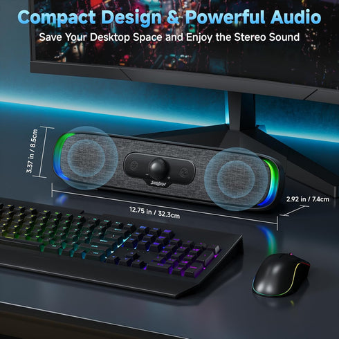 SOULION Computer Speakers, USB C/USB Powered PC Speaker with Colorful LED Lights, Plug-N-Play Wired Bluetooth Sound bar
