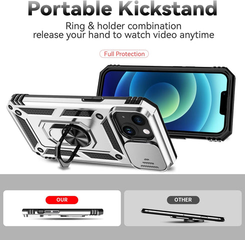 Hitaoyou iPhone 15 Case with Camera Cover & Kickstand, Military Grade Shockproof Heavy Duty Protective Case, Silver