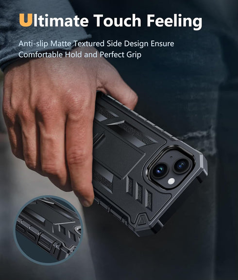 FNTCASE iPhone 15 Case: Rugged Black Dual Layer, Military Grade Shockproof, Kickstand, 6.1" Full Protection Cover.