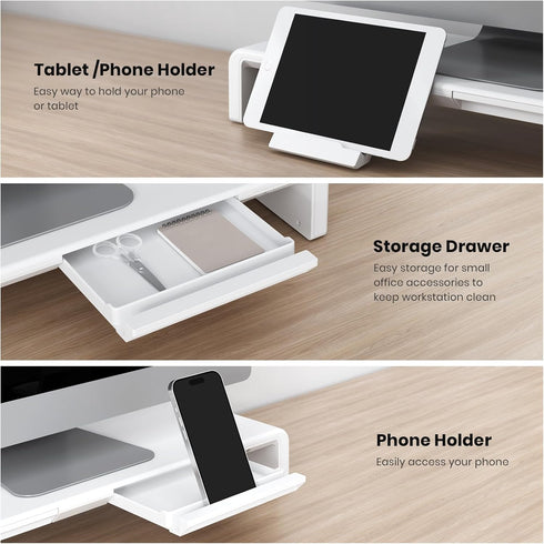 Klearlook Monitor Stand Riser, Foldable Height Adjustable Computer Stand with Storage Drawer & Tablet Phone Stand