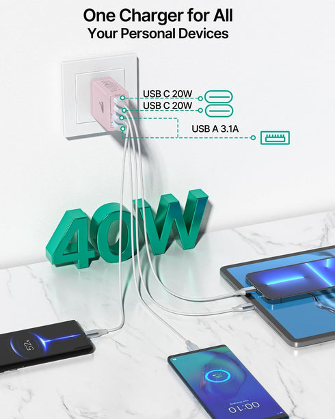 40W USB C Charger Cube, 2-Pack Fast Charging Block, 4-Port QC Wall Plug + PD 3.0 Power Adapter for iPhone, iPad, Samsung