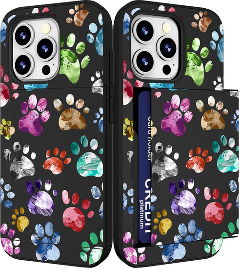 Compatible with iPhone 14 Pro Max Case, Cute Card Holder Slim Wallet Cases for Women, Colorful Doodle Paws