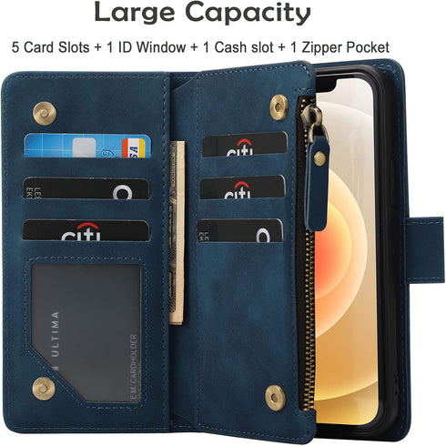 RANYOK Blue Wallet Case for iPhone 12/12 Pro (6.1 inch), Premium PU Leather Zipper Flip Folio with RFID Blocking
