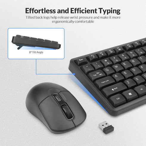 Rii RK209 2.4G 5000 Wireless Keyboard and Mouse, Full-Sized Quiet Wireless Ergonomic Keyboard,Quiet Typing