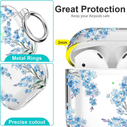 Protective Clear Floral Case Cover with Cleaner Kit, Shockproof Women Girls Keychain for Apple Airpods 2/1 Charging Case