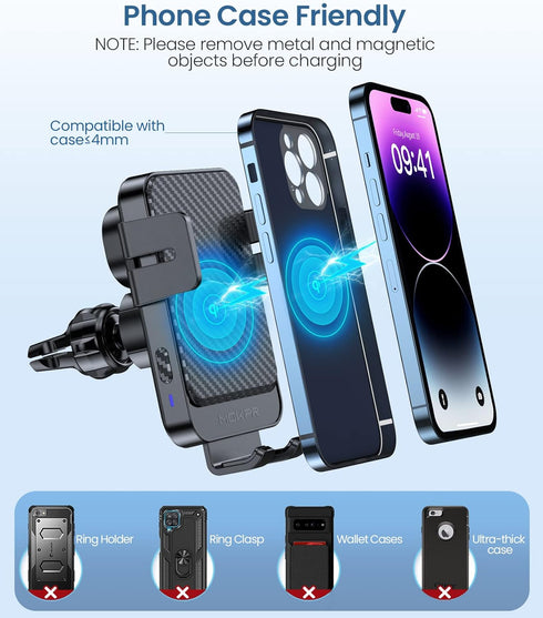 Wireless Car Charger, MOKPR 15W Fast Charging Auto-Clamping Mount for iPhone 15/14/13/12, Samsung S23/S22