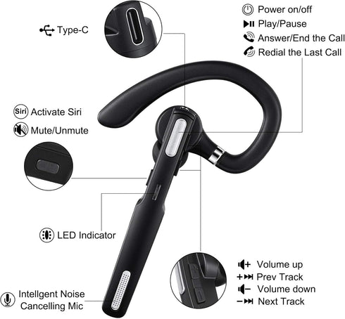 Generic Headset, Headset Bluetooth Bluetooth Earpiece with Noise-Reducing Mic, Wireless Hands-Free for Phone Calls