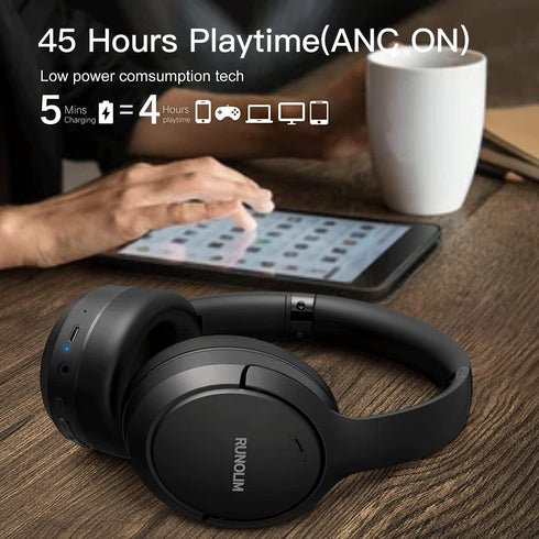 RUNOLIM Wireless Over Ear Headphones with Hybrid Active Noise Cancelling, 70H Playtime, HiFi Audio, Deep Bass, Foldable.