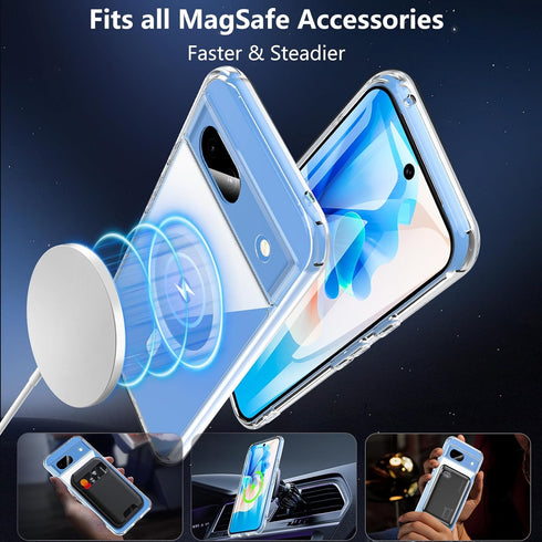 Hensinple Magnetic Case for Google Pixel 8A, Clear Slim Shockproof Cover with Screen Protector, Compatible with MagSafe.