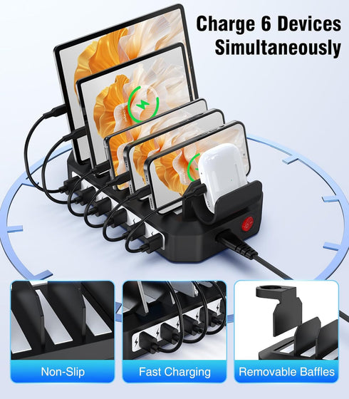 6-Port USB Charging Station, 60W Fast Charging Station for Multiple Devices with Apple Watch Holder & 6 Cables,