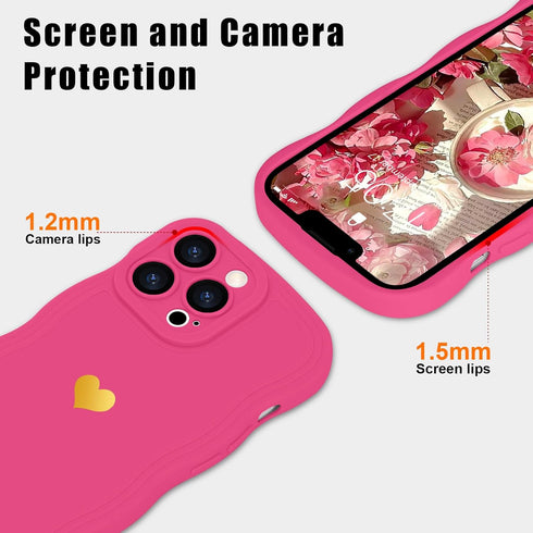 Cute Heart Simple Wave Frame Case for iPhone 13 Pro, Aesthetic Design Solid Color TPU Silicone Slim Cover (Rose Red)