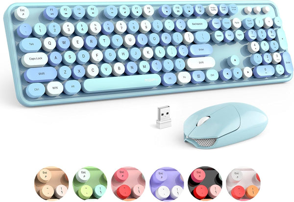 MOFII Wireless Keyboard and Mouse Combo, Blue Colorful Round Key Typewriter Keyboards, USB Receiver Plug and Play