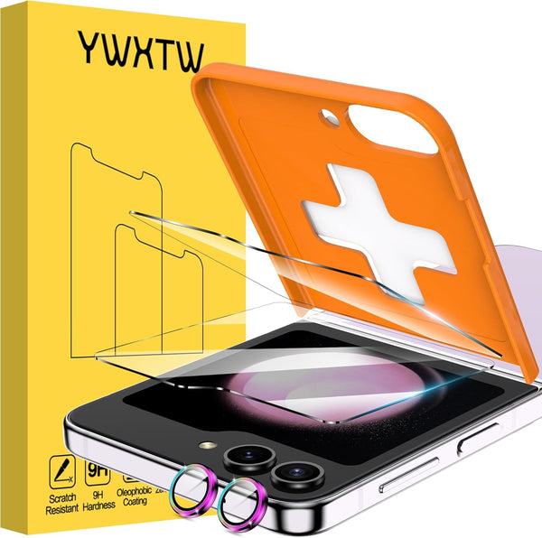 YWXTW Upgraded Alignment Tray for Samsung Galaxy Z Flip 5: 2 Pack Tempered Glass Screen Protectors + 2 Camera Lens