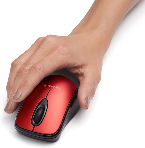 Amazon Basics 2.4 Ghz Wireless Optical Computer Mouse with USB Nano Receiver, Red