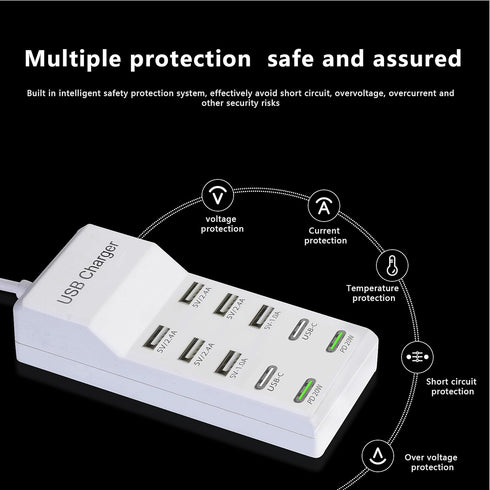 USB Charger, 100W Charging Station with 10-Port (6 USB-A & 2 USB-C) Compatible with iPhone 15/14/13/12/11