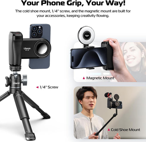 ULANZI Selfie Phone Tripod Mount MA35, 2-in-1 Magnetic & Phone Clip Grip Handle with Remote Shutter for iPhone 14 15