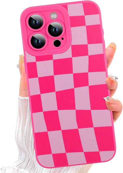 ZIYE Hot Pink Grids Plaid Checkerboard Case for iPhone 14 Pro, Soft TPU Silicone Rubber Protective Cover