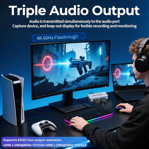 Guermok 4K@60FPS 2K@144FPS 3.0 4K60 3.5mm 2/1, PS5/4, Capture Card for Streaming, USB HDMI to USBC Camera Video