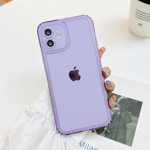 for iPhone 12 Case Cute Clear Bling Crystal Diamond Phone Case, with Sparkle Camera Len Protector Soft TPU Cover Case for Women Girls, Purple