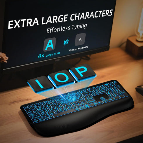 Hamile 7-Color Setting, Large Print Wireless Backlit Keyboard Rechargeable Quiet Low-Profile Keys, Light up with Memory