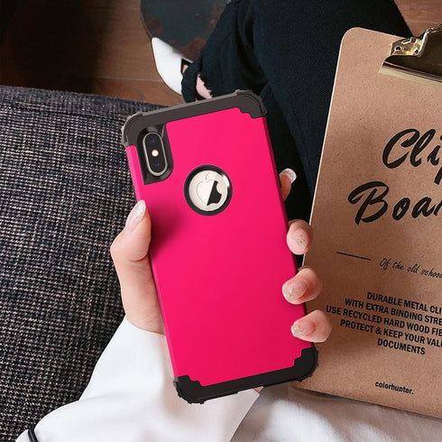 IDweel for iPhone Xs Max Case with Tempered Glass Screen Protector, 3 in 1 Heavy Duty Protection, Rose Red