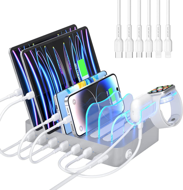 SooPii Premium 6-Port USB Charging Station Organizer for Multiple Devices, Silver