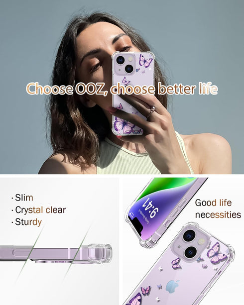Crystal Phone Case for iPhone 13(2021)/iPhone 14(2022) 6.1", Alluring Purple Butterfly Soft Shockproof Clear Protective