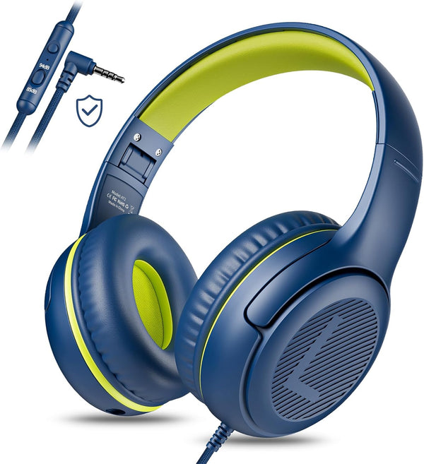 Kids Headphones for School, Toddler Wired Headset with Microphone, Volume Control, Blue Green, for 3+ Year Olds,