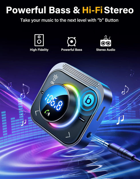 JOYROOM Bluetooth 5.3 FM/AUX Car Adapter, 3 Ports PD&QC 3.0 FM Transmitter for Car, Bass Boost, HD Calling, Enjoy Music