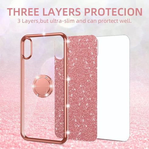 Samsung Galaxy S21 FE Case for Women, Cute Glitter Luxury TPU Silicone Slim Phone Case with Bling Diamond Ring Stand -