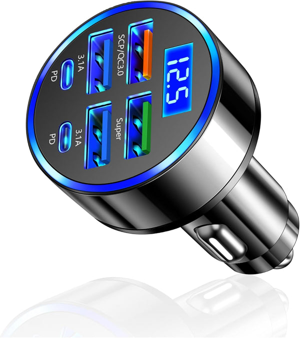 6 Port Fast USB Car Charger (PD+QC3.0) with LED Digital Display, Universal Car Charger Adapter for 12V/24V