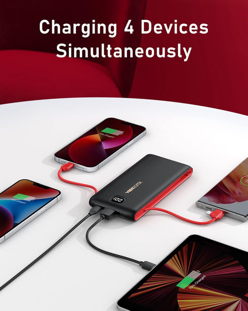 VEEKTOMX Portable Charger 10000mAh with Built-in Cables, Fast Charging USB C Slim Battery Pack for iPhone and Samsung
